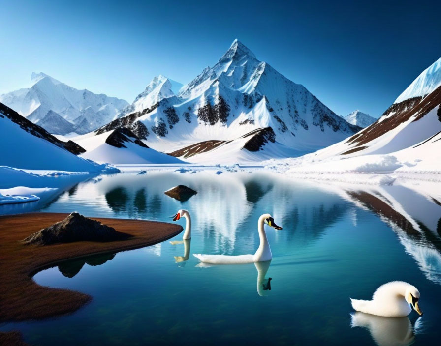 Tranquil landscape: two swans on calm lake, snow-capped mountains, blue sky