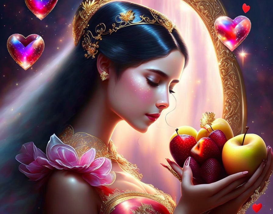 Fantasy princess with apples and hearts on starry night background