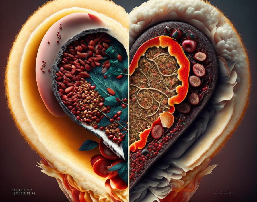 Digital artwork of heart split in two: one side lush with foliage and water, the other fiery with