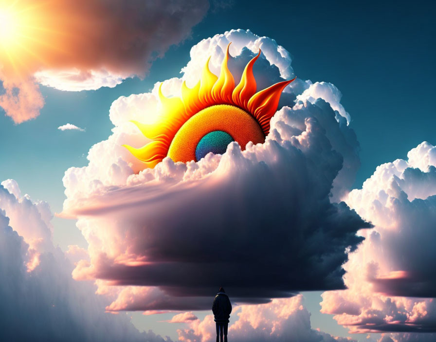 Silhouetted figure gazes at giant fiery eye in dramatic sky