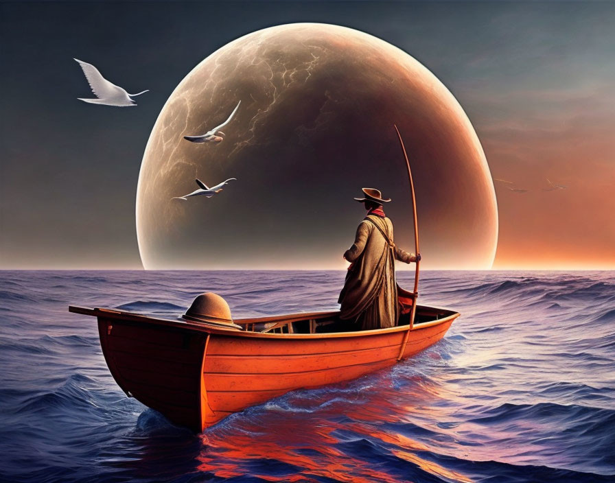 Figure rowing boat on calm sea at twilight with surreal moon and flying seagulls