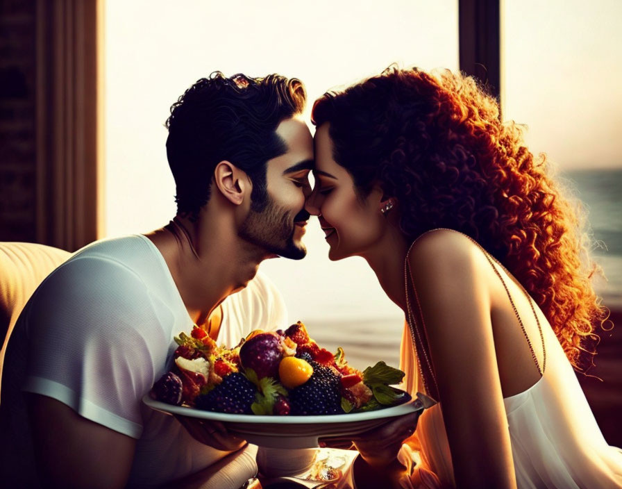 Romantic couple touching noses by window with fruit plate