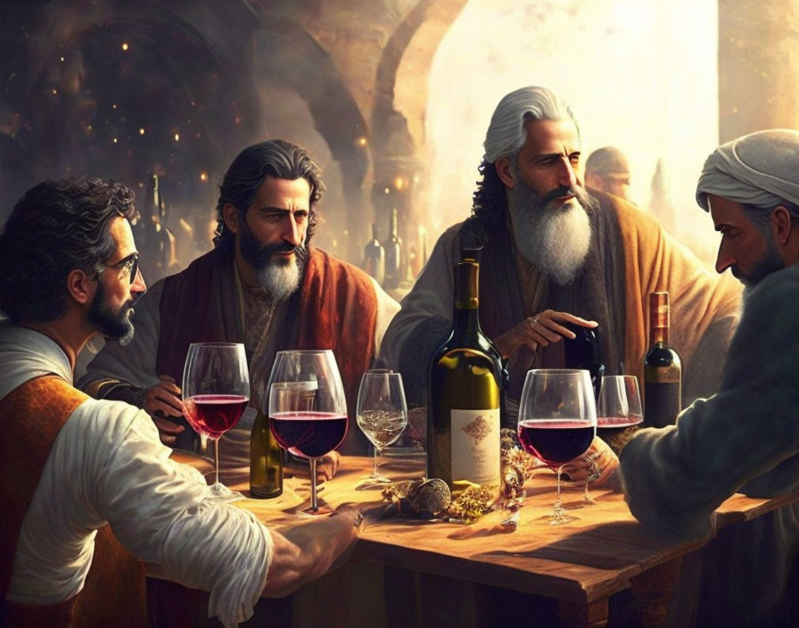 Four Men in Historical Attire Having Conversation Over Wine and Grapes in Rustic Setting