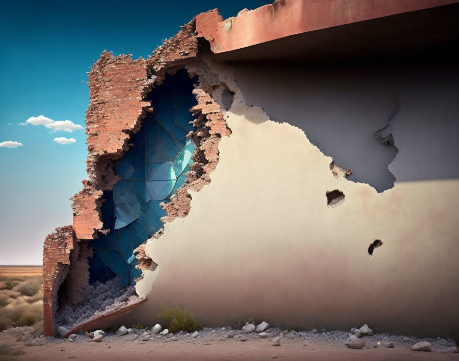 Abandoned building with hole in wall revealing blue tiles in desert landscape