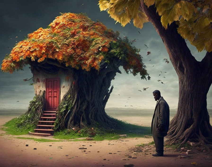 Man standing by large tree with red door in autumn scenery under dramatic sky