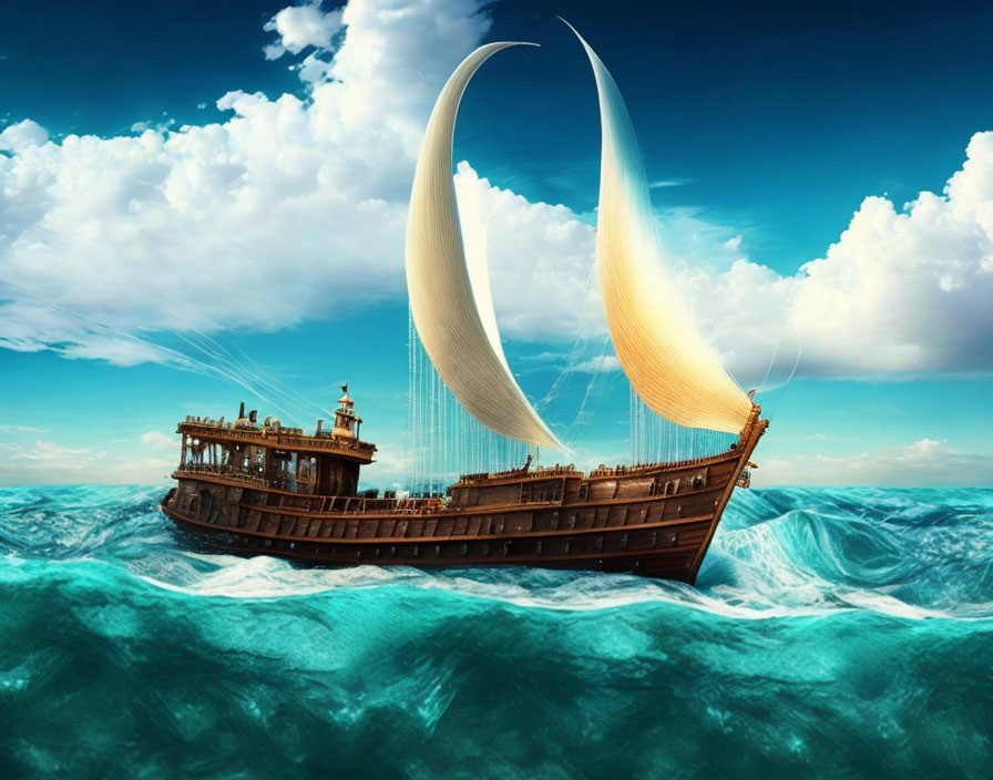 Majestic wooden ship with crescent-shaped sails on turquoise waves