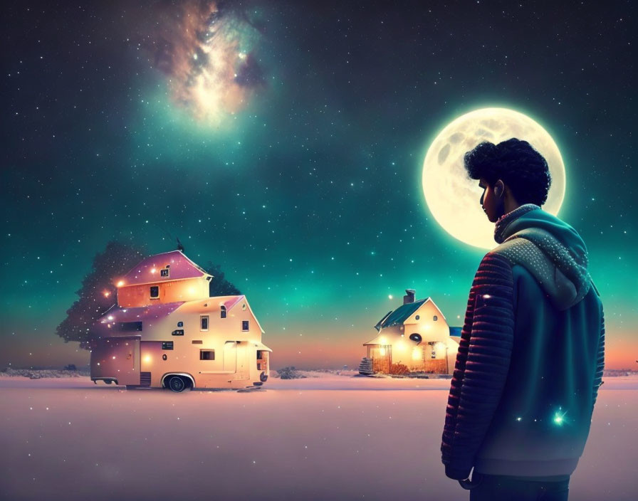 Person in jacket gazes at night sky with moon, stars, and galaxy above snow-covered houses in