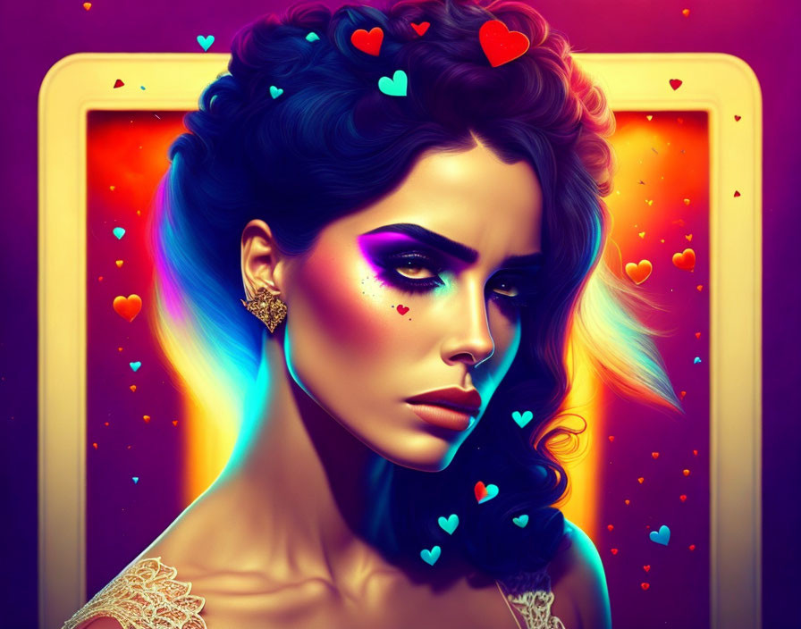 Colorful digital portrait of a woman with heart-shaped bubbles, earrings, and stylish makeup on purple background