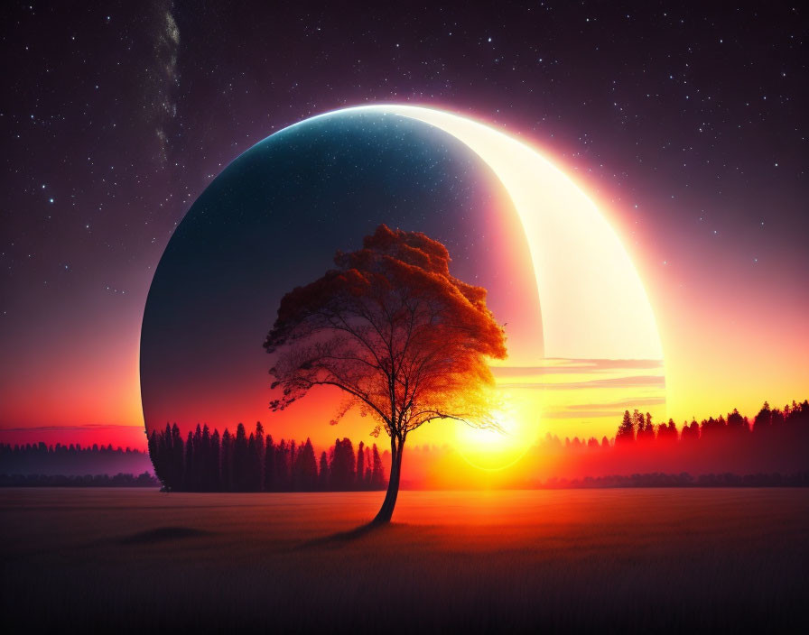 Surreal sunset landscape with lone tree and alien planet.