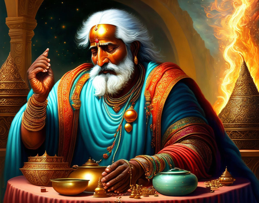 Illustration of wise old man in ornate attire at table with golden bowls, amid flames and temples