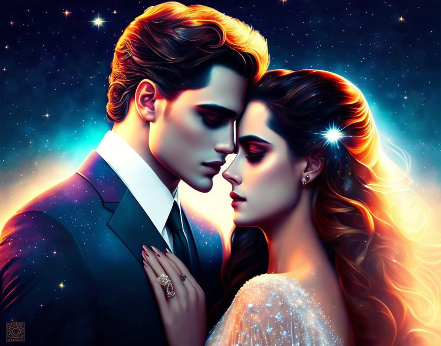 Man and woman in formal attire surrounded by stars and cosmic glow symbolizing romance and elegance