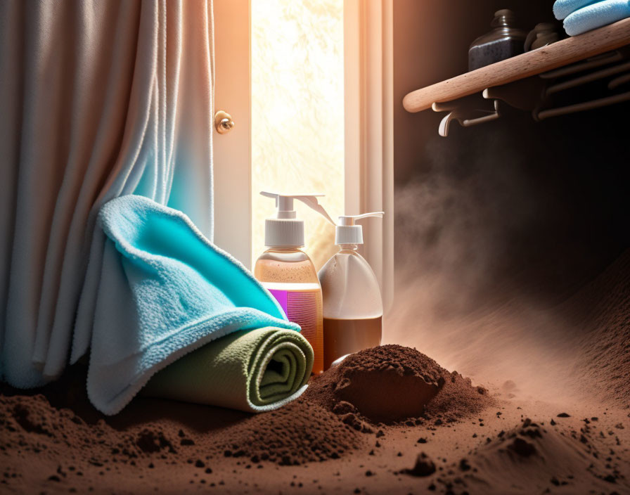 Spa-themed bathroom with towels, skincare bottles, warm lighting, and sand.