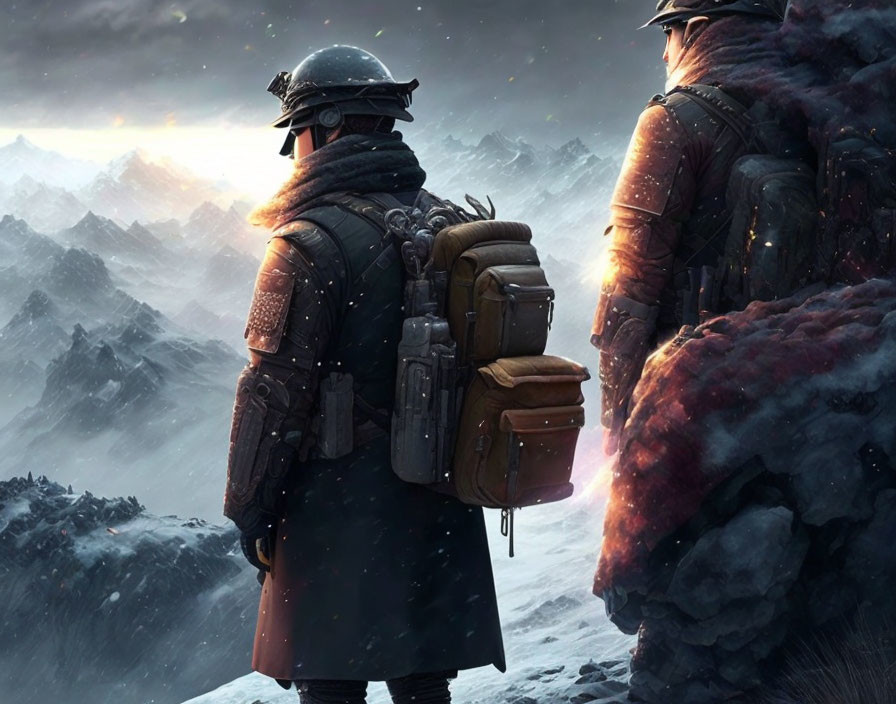 Soldiers in winter gear overlooking snowy mountain landscape at sunset