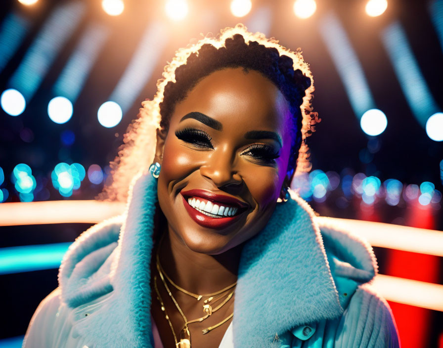 Bright smile woman in blue furry coat under stage lights