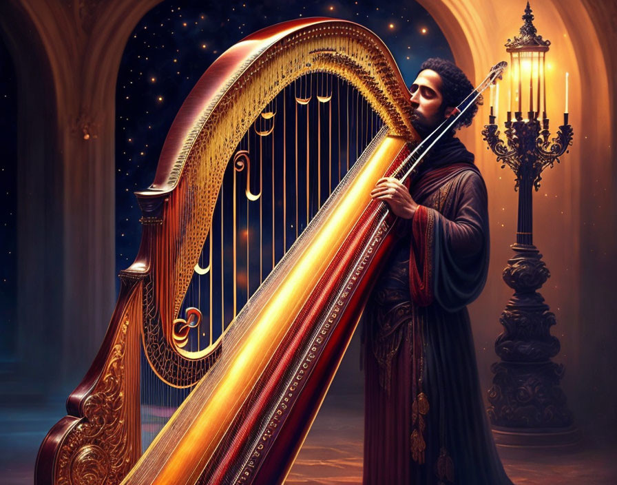 Historical figure playing large harp in ornate room