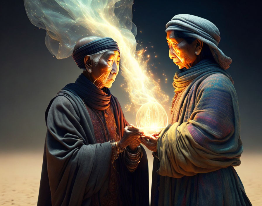 Elderly individuals in robes sharing mystical light orb in dark setting