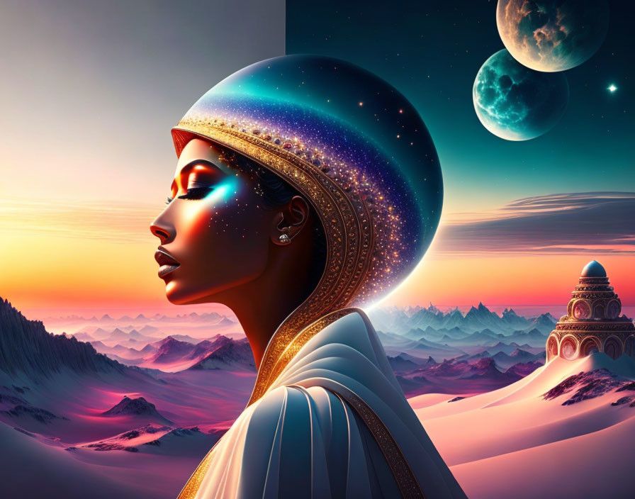 Woman with cosmic features in fantasy landscape with mountains, sunset, and moons