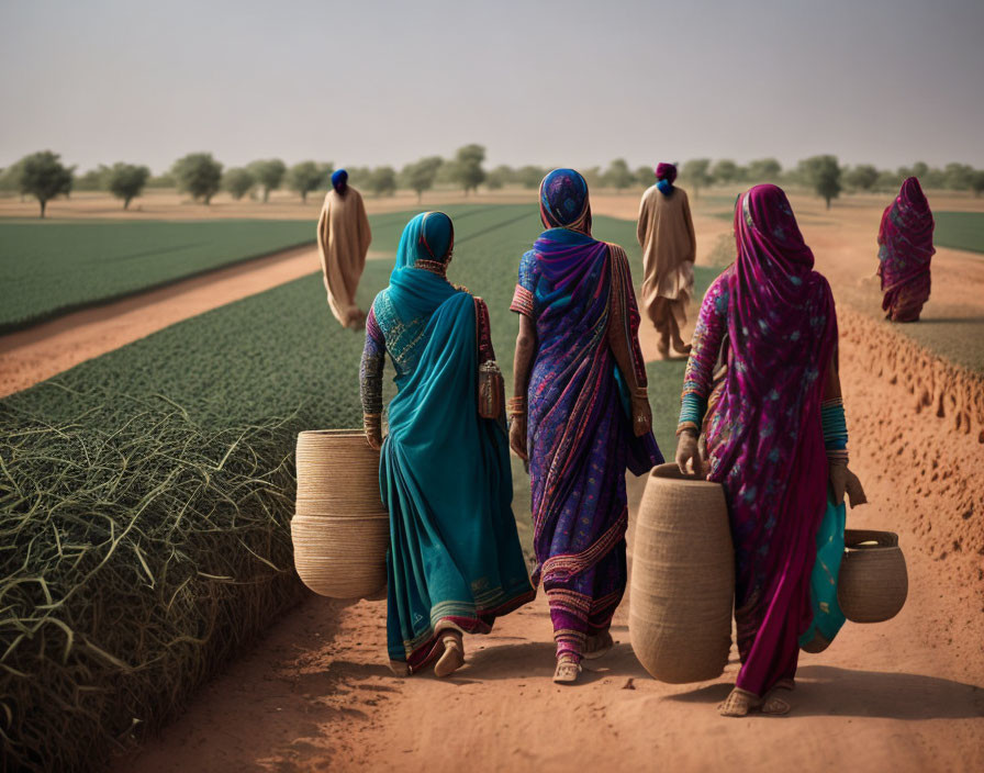 Women in vibrant traditional clothing walking on dirt path near green field carrying baskets