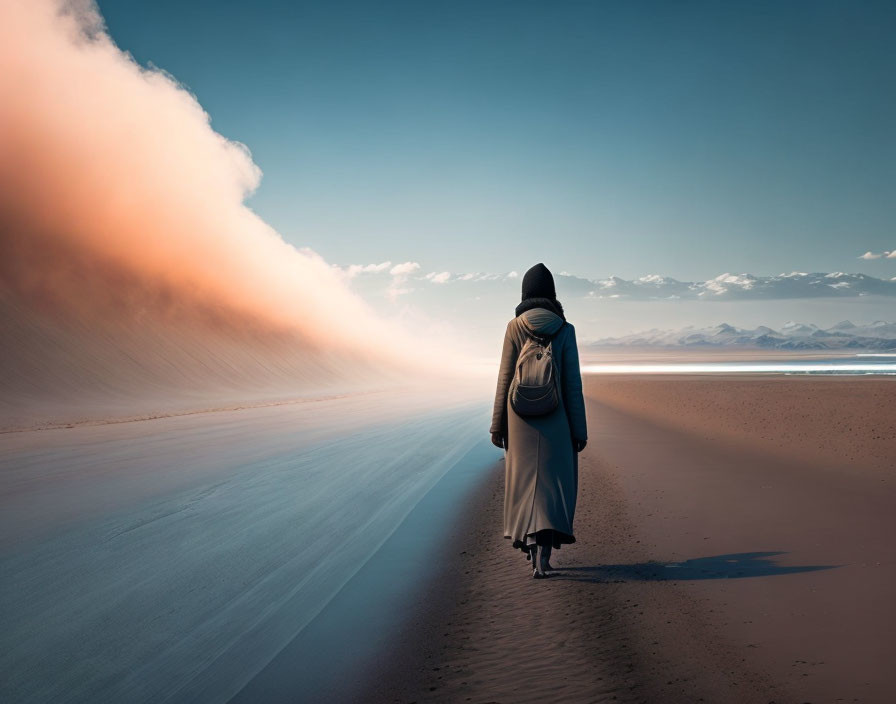 Figure in hooded cloak walking in desert sandstorm towards mountains under blue sky