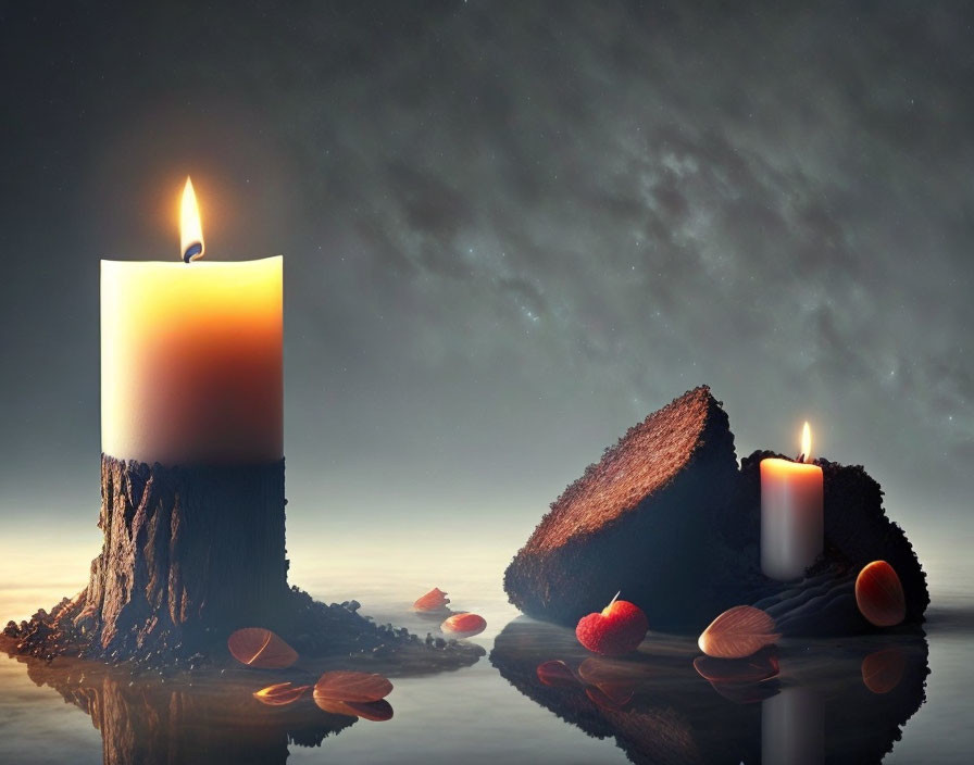 Candlelit Tree Stump and Log with Almonds and Berries at Twilight