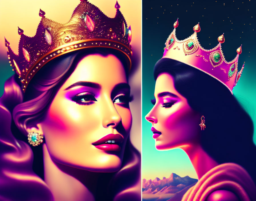 Stylized woman with crown in side profile, vivid colors, mountainous backdrop