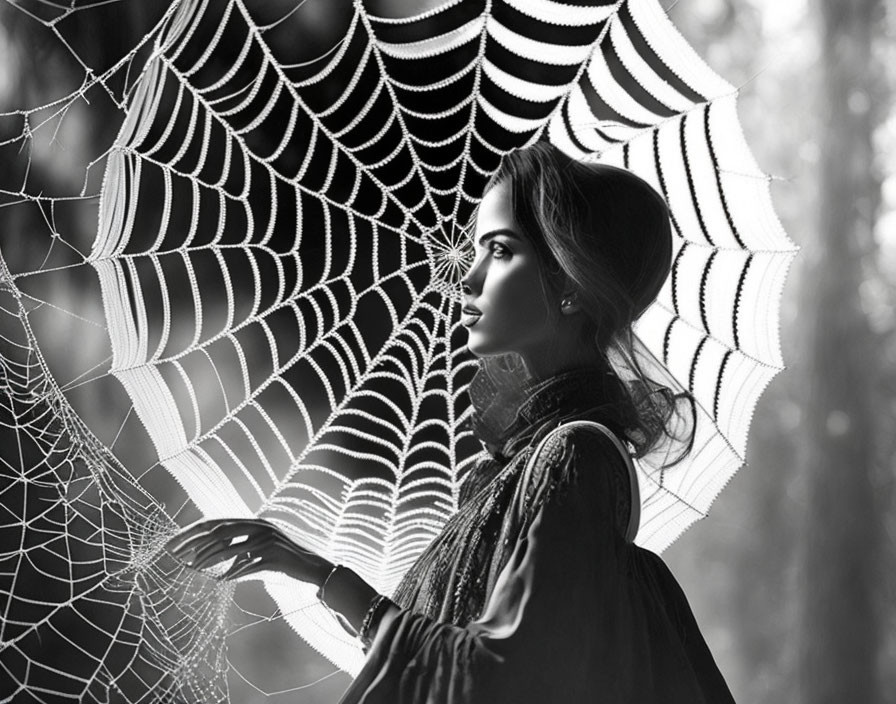 Profile of woman behind dew-covered spiderweb with intricate pattern.