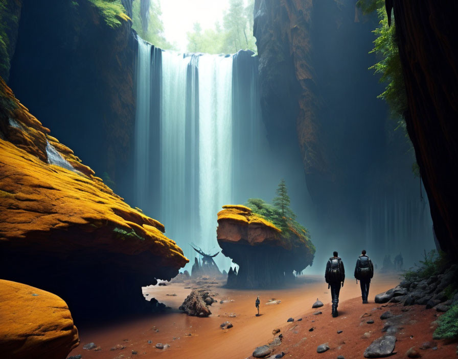 Misty canyon with waterfall, two people walking amidst orange rocks and greenery