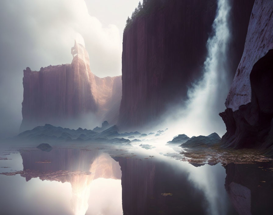 Misty landscape with towering cliffs and serene water.