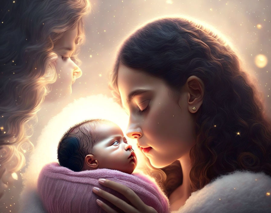 Woman kissing newborn held by girl in warm, glowing scene