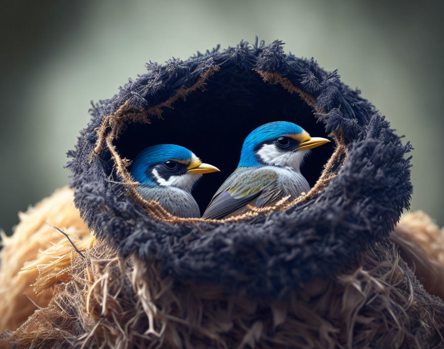 Vibrant blue birds nesting in a tree hollow