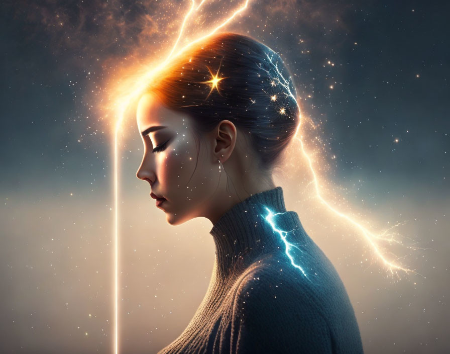 Woman's side profile with cosmic theme and light beam, symbolizing enlightenment.