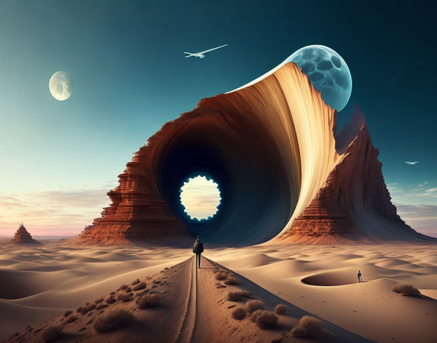 Surreal desert landscape with person, rock tunnel, plane, birds, and two moons