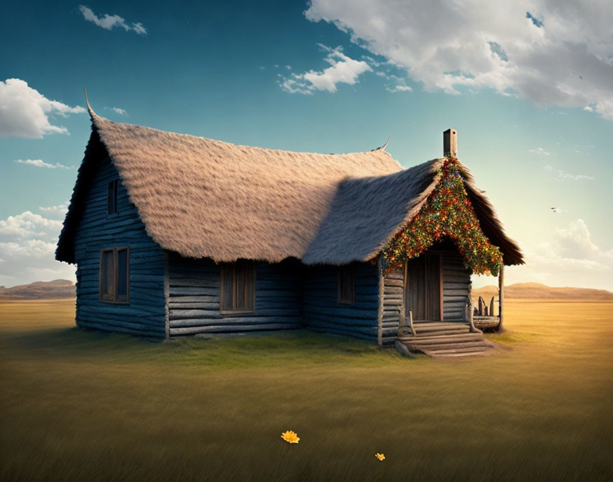 Wooden Thatched-Roof Cottage Surrounded by Flowers