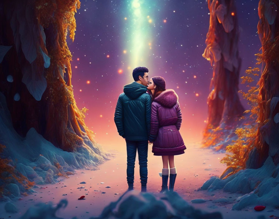 Couple in whimsical forest with vibrant trees and starry sky