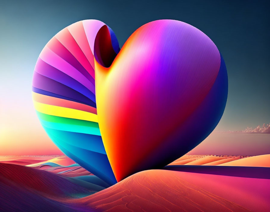 Colorful 3D heart sculpture on pink desert landscape at dusk