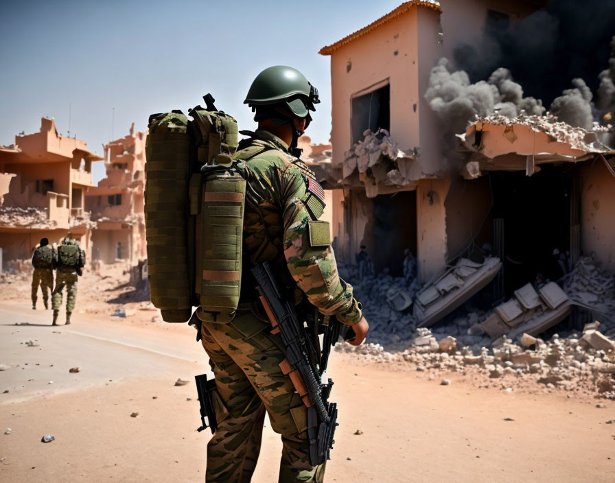 Soldiers in combat gear with rising smoke in war-torn area