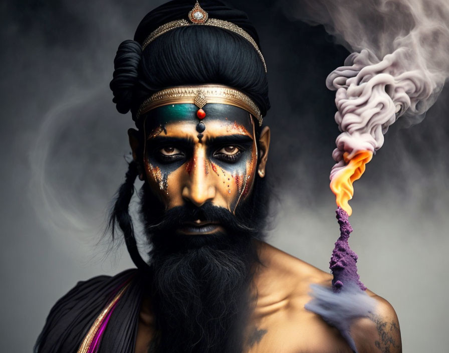 Man with Indian-inspired style, headpiece, dramatic eye makeup, and smoke rising from hand