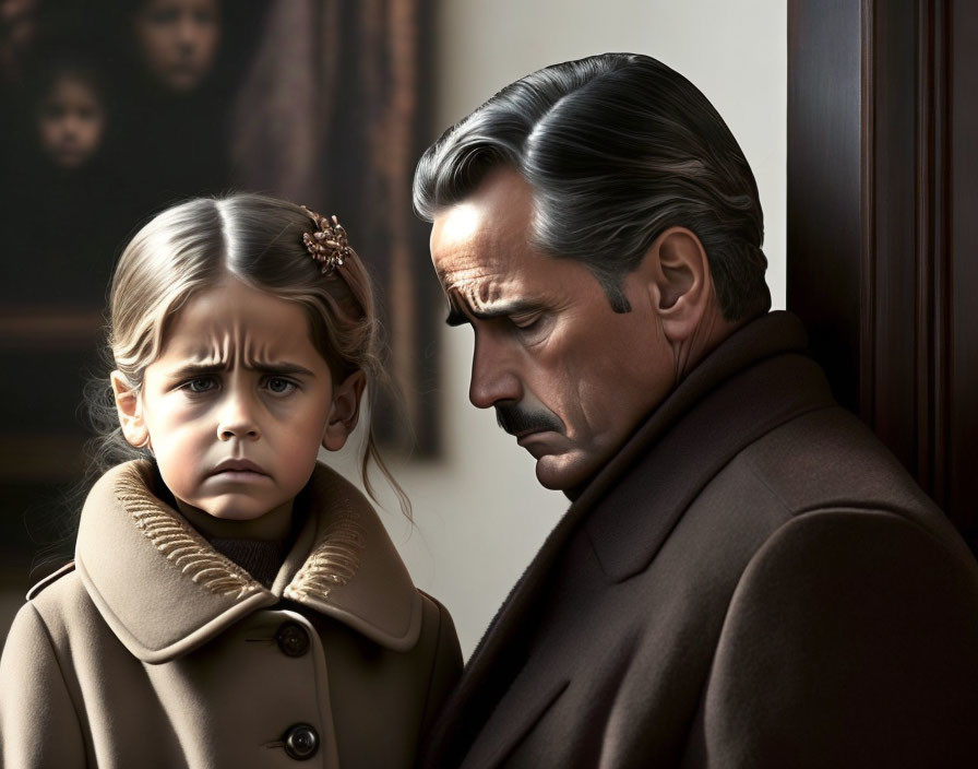 Digital artwork of somber man & pensive girl in coats