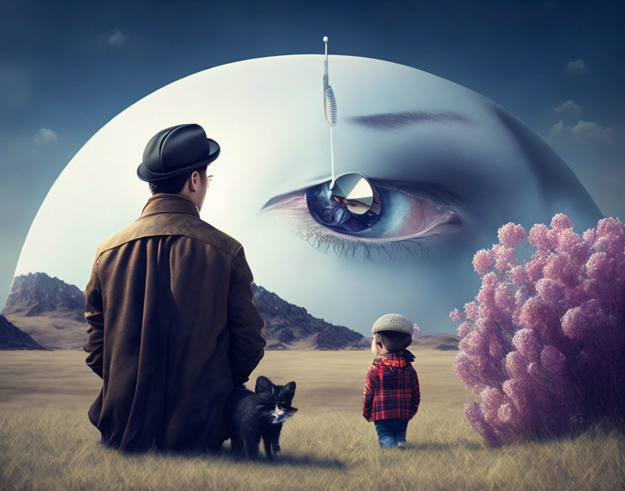 Man, child, and dog observe giant eye in surreal landscape with purple foliage.