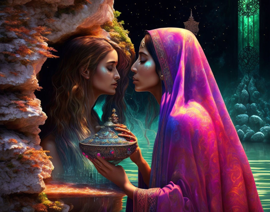 Illustration of two women with mystical lamp under green door night sky