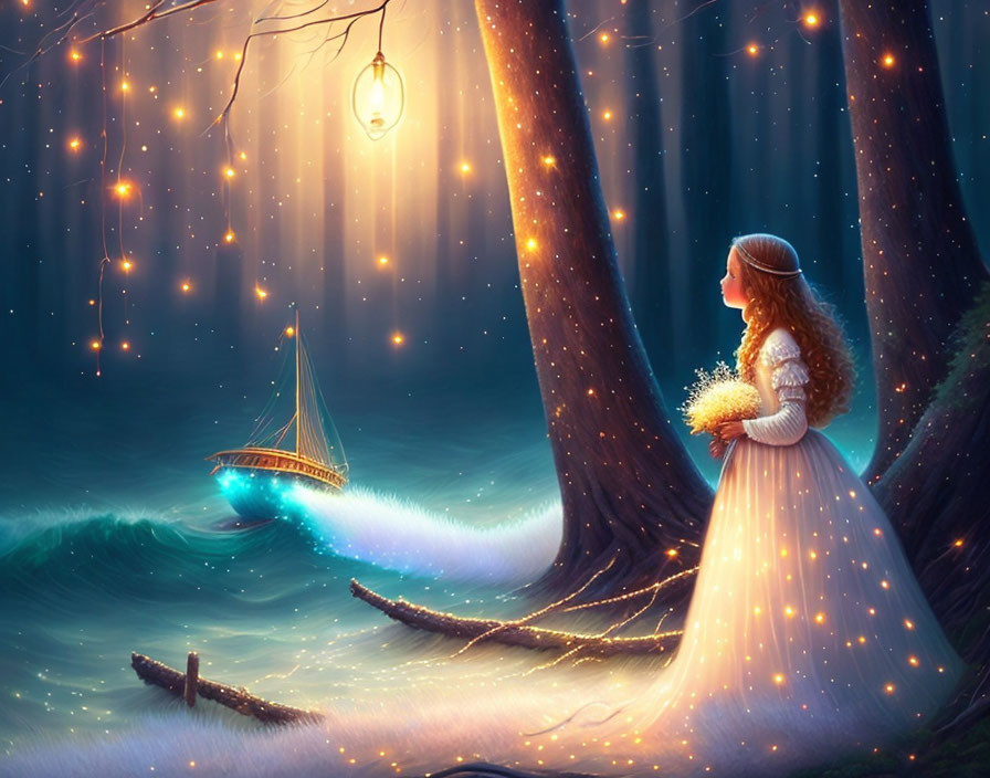 Enchanted forest scene: girl with bouquet and magical ship in glowing river