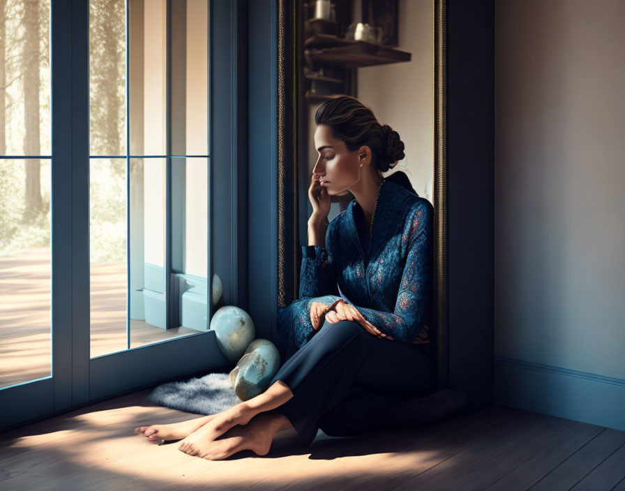 Person seated by window with globe, chin on hand, barefoot pose