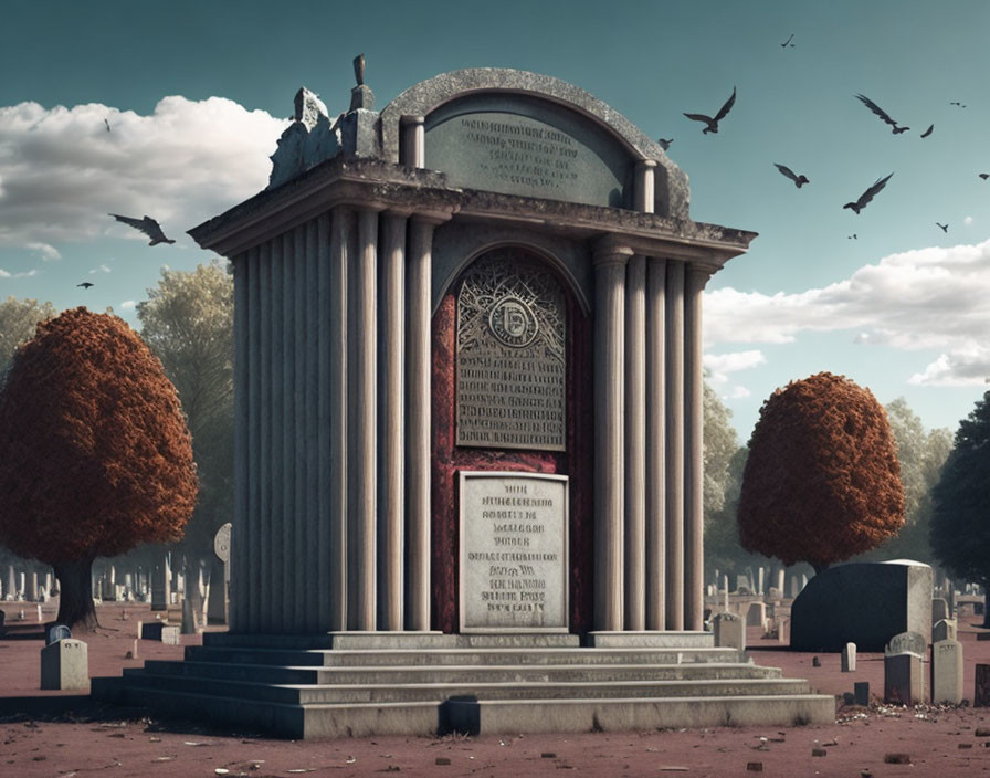 Classical Mausoleum Surrounded by Rounded Bushes and Birds in Dusky Sky