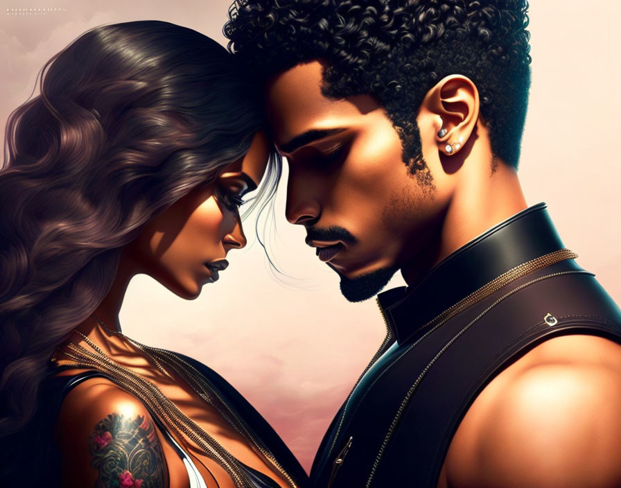 Stylized man and woman in close profile with detailed hair and tattoos