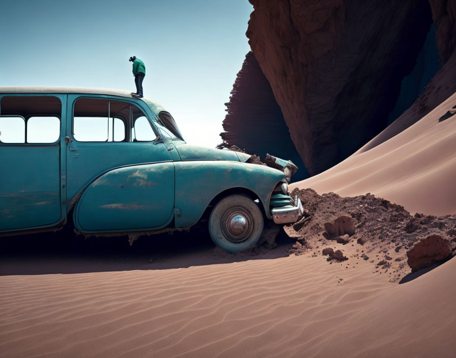 Vintage Turquoise Car Half-Buried in Desert Sand with Person on Roof