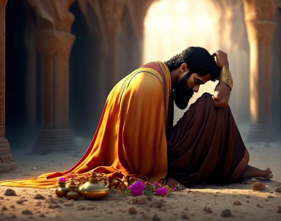 Traditional Indian Attire Man Contemplating in Sunlit Temple