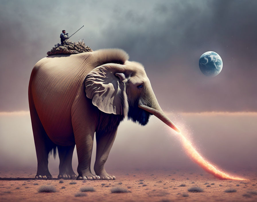 Elephant with tusks breathing fire under moonlit sky with tank on its back