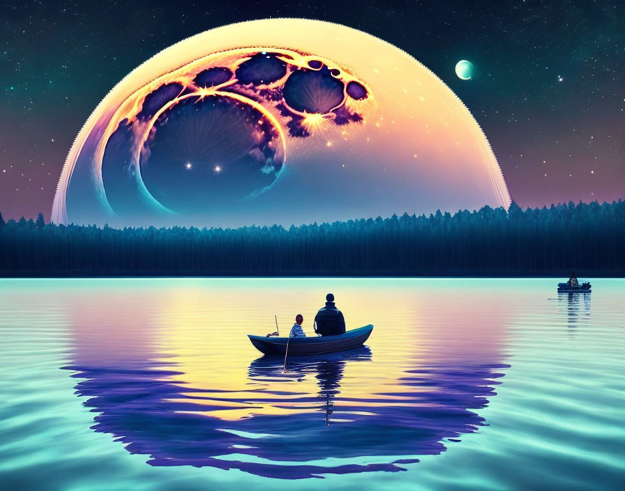 Two individuals on a boat under a surreal night sky with a massive planet and moon.