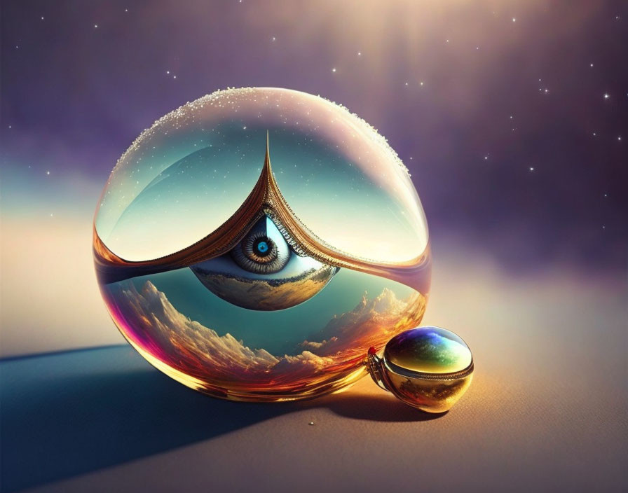 Surreal digital artwork: glossy spheres, desert landscape, detailed eye, starry sky