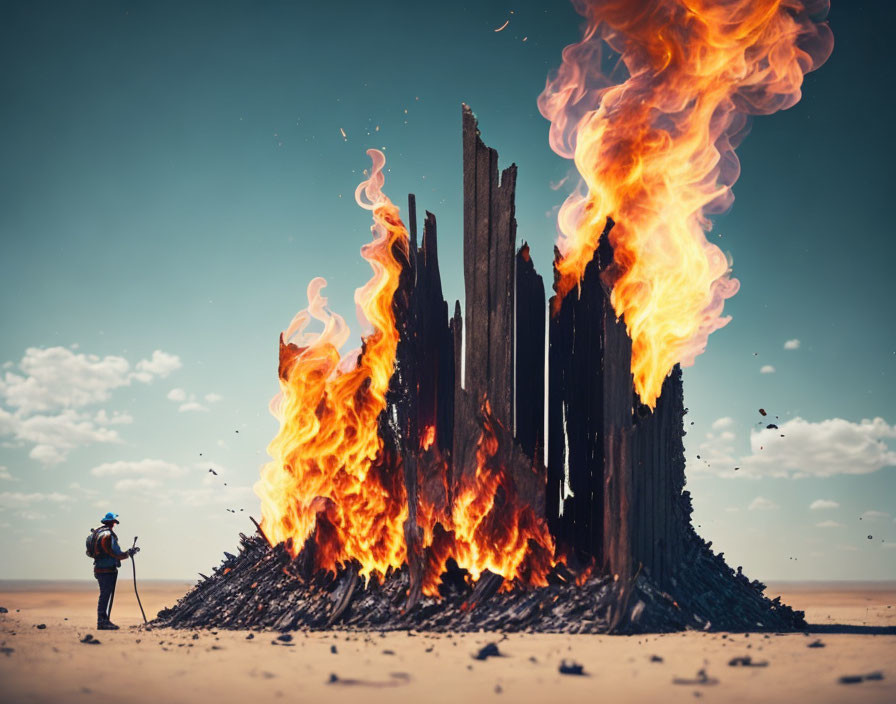 Person captures intense bonfire in desert landscape